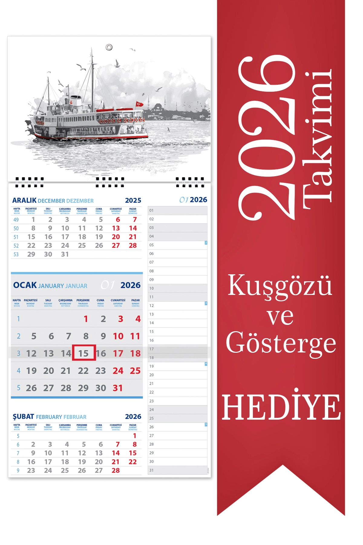 2026 Not Gemici Takvimi Denizci Duvar Takvimi 27,5x60,5 cm