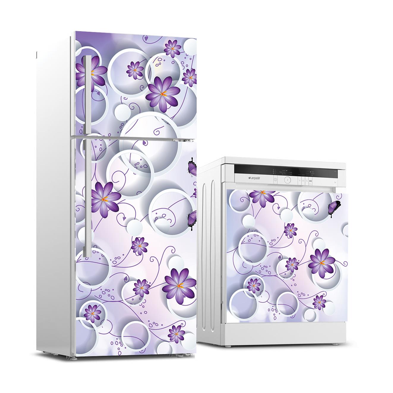 Buzdolabı ve Bulaşık Makinası Beyaz Eşya Sticker Kaplama Mor Çiçek Yuvarlak