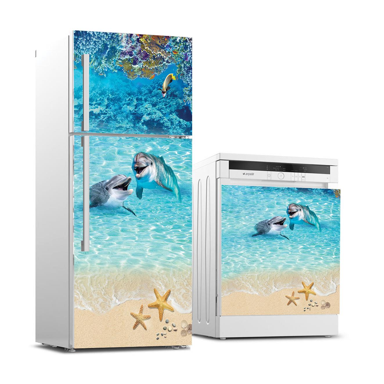 Buzdolabı ve Bulaşık Makinası Beyaz Eşya Sticker Kaplama Yunus Balığı Deniz