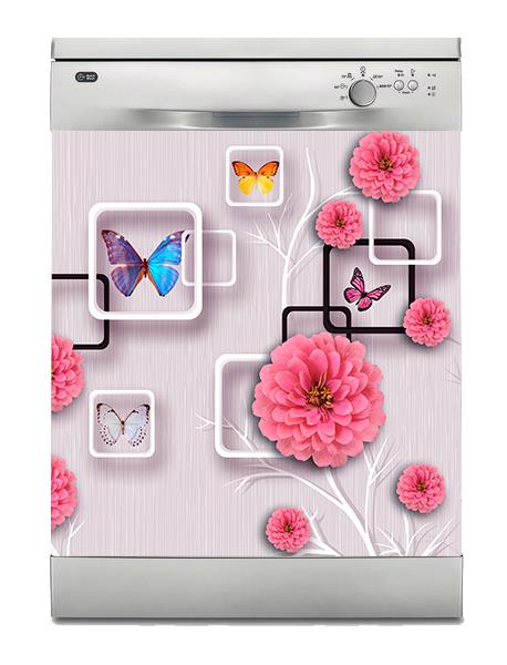 Bulaşık Makinesi Sticker Kaplama Beyaz Eşya Kaplama Pembe Çiçek Kelebekler