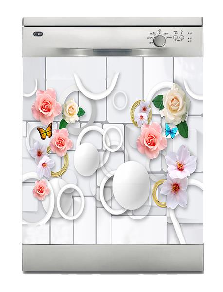 Bulaşık Makinesi Sticker Kaplama Beyaz Eşya Kaplama Gül Kelebek Yuvarlak