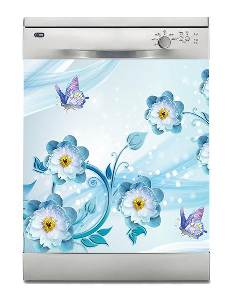 Bulaşık Makinesi Sticker Kaplama Beyaz Eşya Kaplama 3D Mavi Kelebek Çiçek