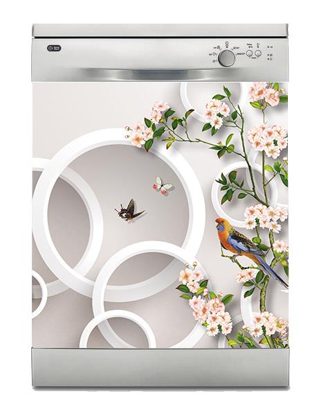 Bulaşık Makinesi Sticker Kaplama Beyaz Eşya Kaplama Yuvarlak Kuş Çiçek