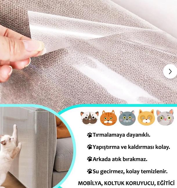 Kedi Koltuk Mobilya Koruyucu Tırmalama Caydırıcı Parlak Kendinden Yapışkanlı Şeffaf Folyo 50 x 1 Metre