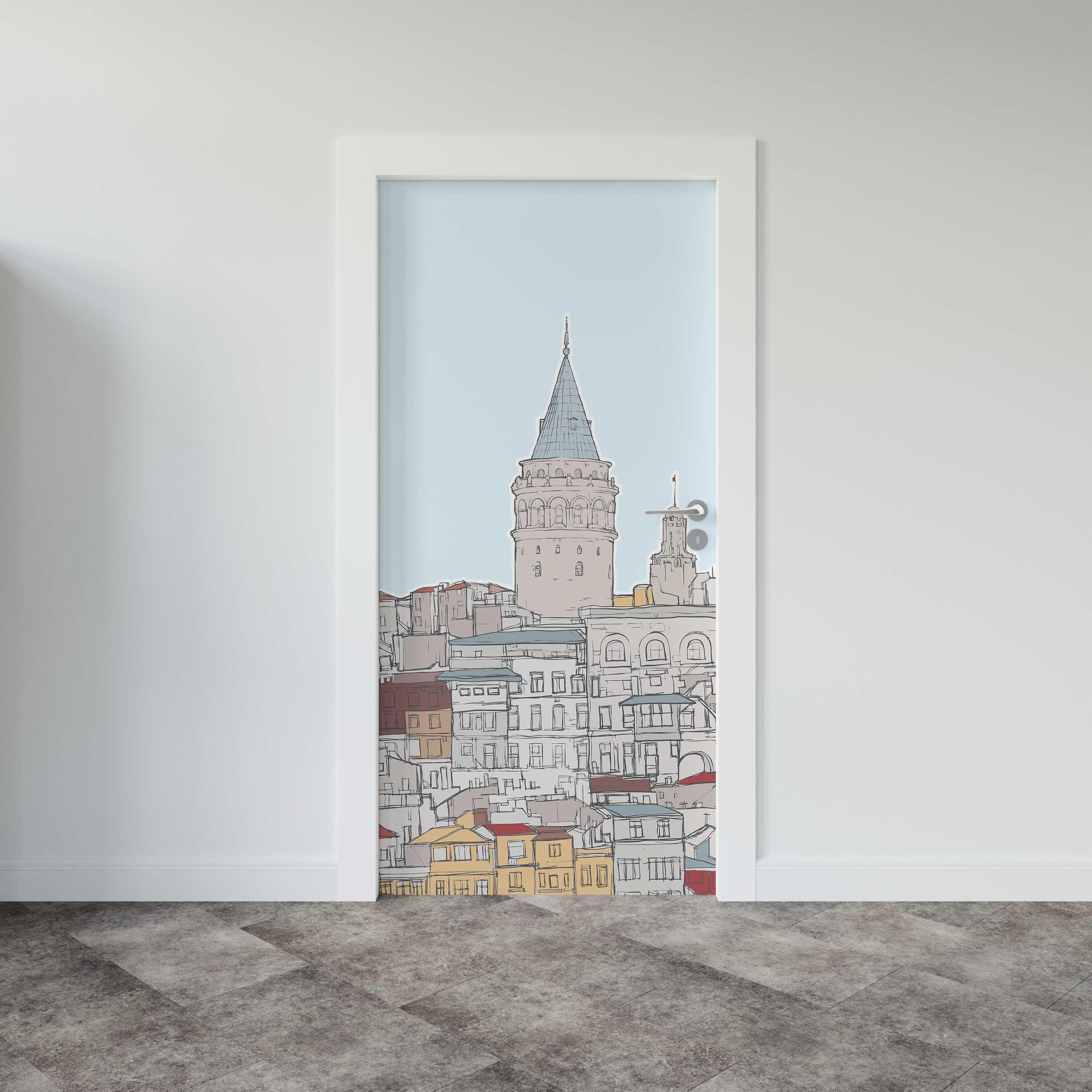 Kapı Giydirme Kapı Sticker Folyosu Galata Kulesi Çizim