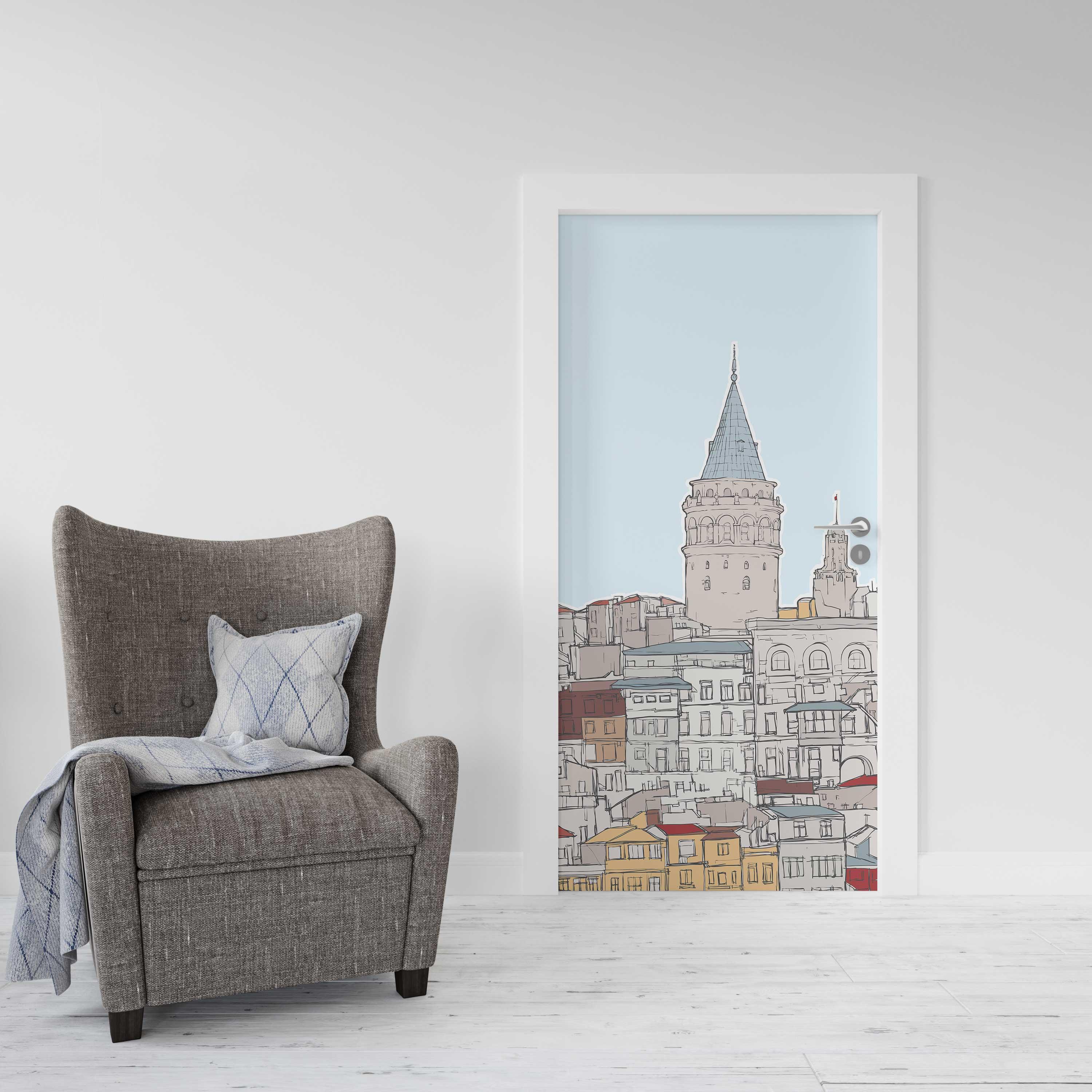 Kapı Giydirme Kapı Sticker Folyosu Galata Kulesi Çizim