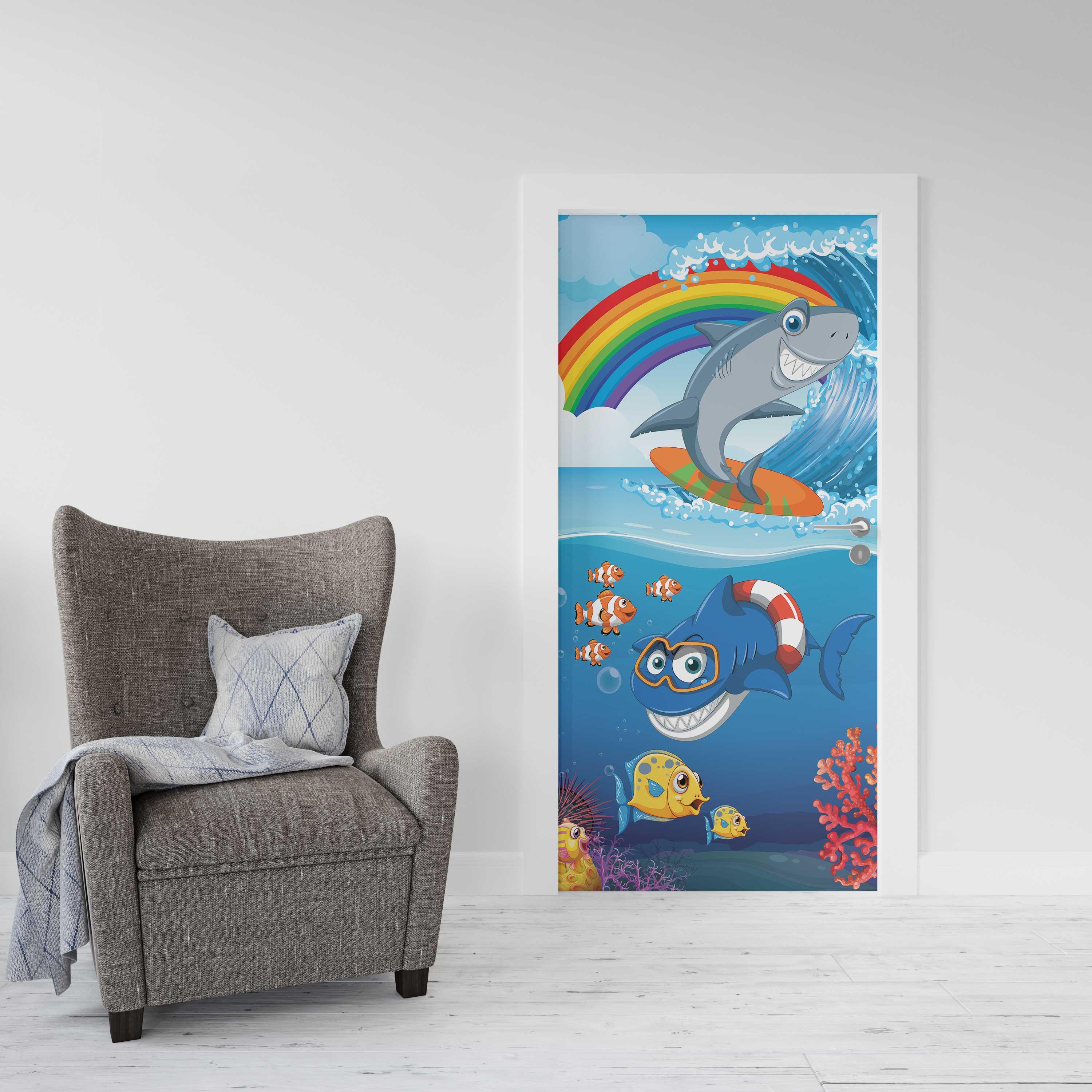 Kapı Giydirme Kapı Sticker Folyosu Köpek Balığı Gökkuşağı