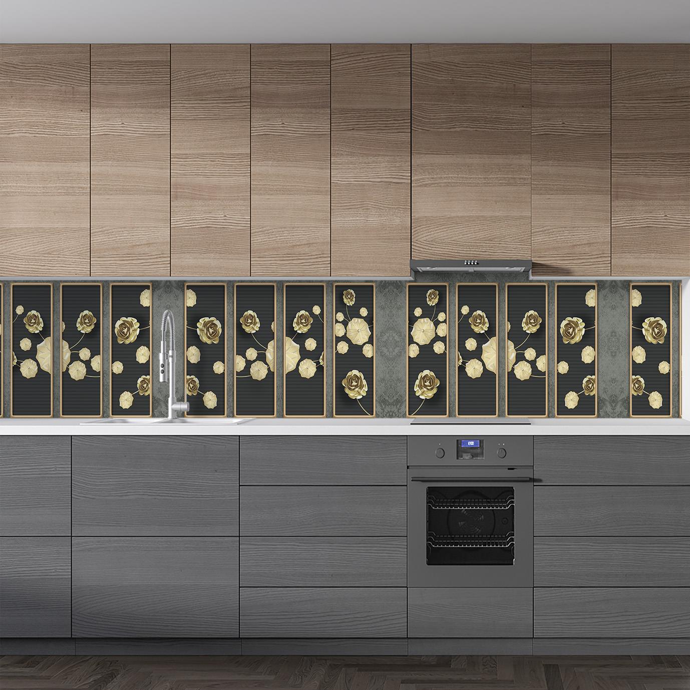 Mutfak Tezgah Arası Folyo Fayans Kaplama Folyosu 3D Golden Flower Bordür Motif