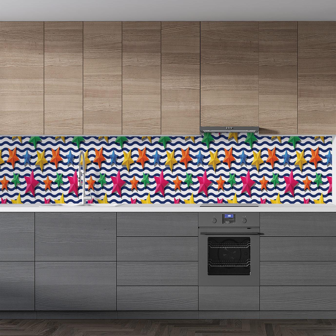 Mutfak Tezgah Arası Folyo Fayans Kaplama Folyosu Renkli Yıldızlar