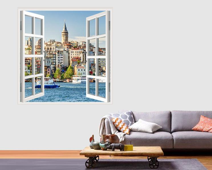 Pencere Poster Duvar Kağıdı Galata Kulesi Yapışkanlı Sticker