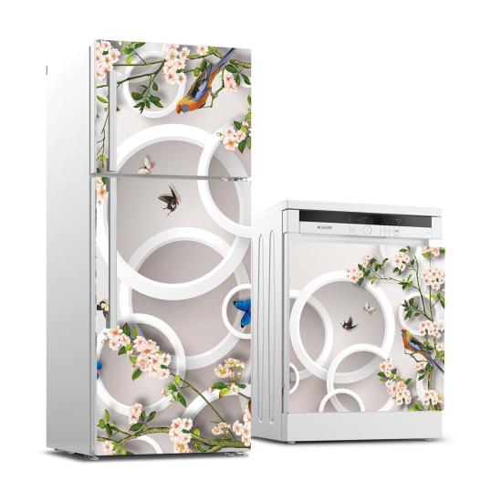 Buzdolabı ve Bulaşık Makinası Beyaz Eşya Sticker Kaplama Yuvarlak Kuş Çiçek