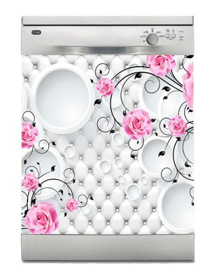 Bulaşık Makinesi Sticker Kaplama Beyaz Eşya Kaplama 3D Pembe Gül