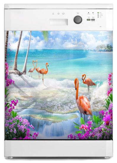 Bulaşık Makinesi Sticker Kaplama Beyaz Eşya Kaplama Sahil Flamingo