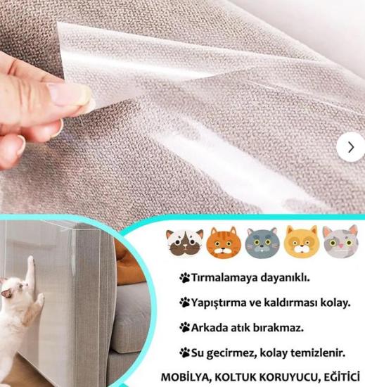 Kedi Koltuk Mobilya Koruyucu Tırmalama Caydırıcı Parlak Kendinden Yapışkanlı Şeffaf Folyo 50 x 1 Metre