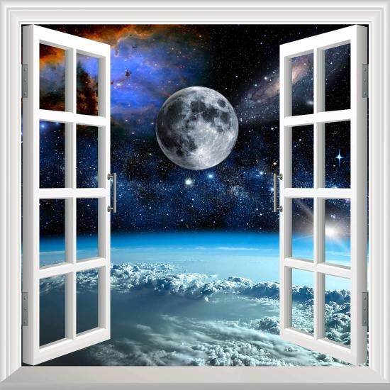 Pencere Poster Duvar Kağıdı Uzay Manzarası 4 Yapışkanlı Sticker