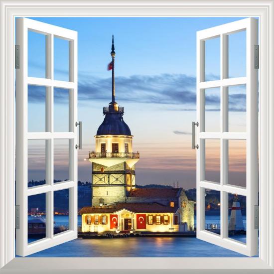 Pencere Poster Duvar Kağıdı Kız Kulesi Akşam Yapışkanlı Sticker