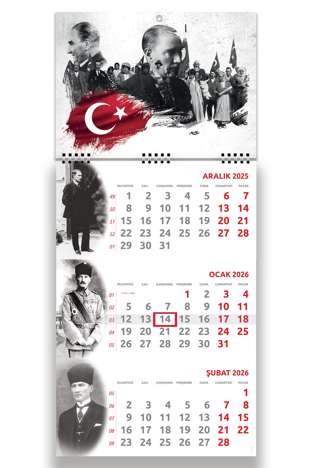 2026 Atatürk Küçük Boy Gemici Takvimi Denizci Duvar Takvimi 27,5x60,5 Tek Parça Spiralli
