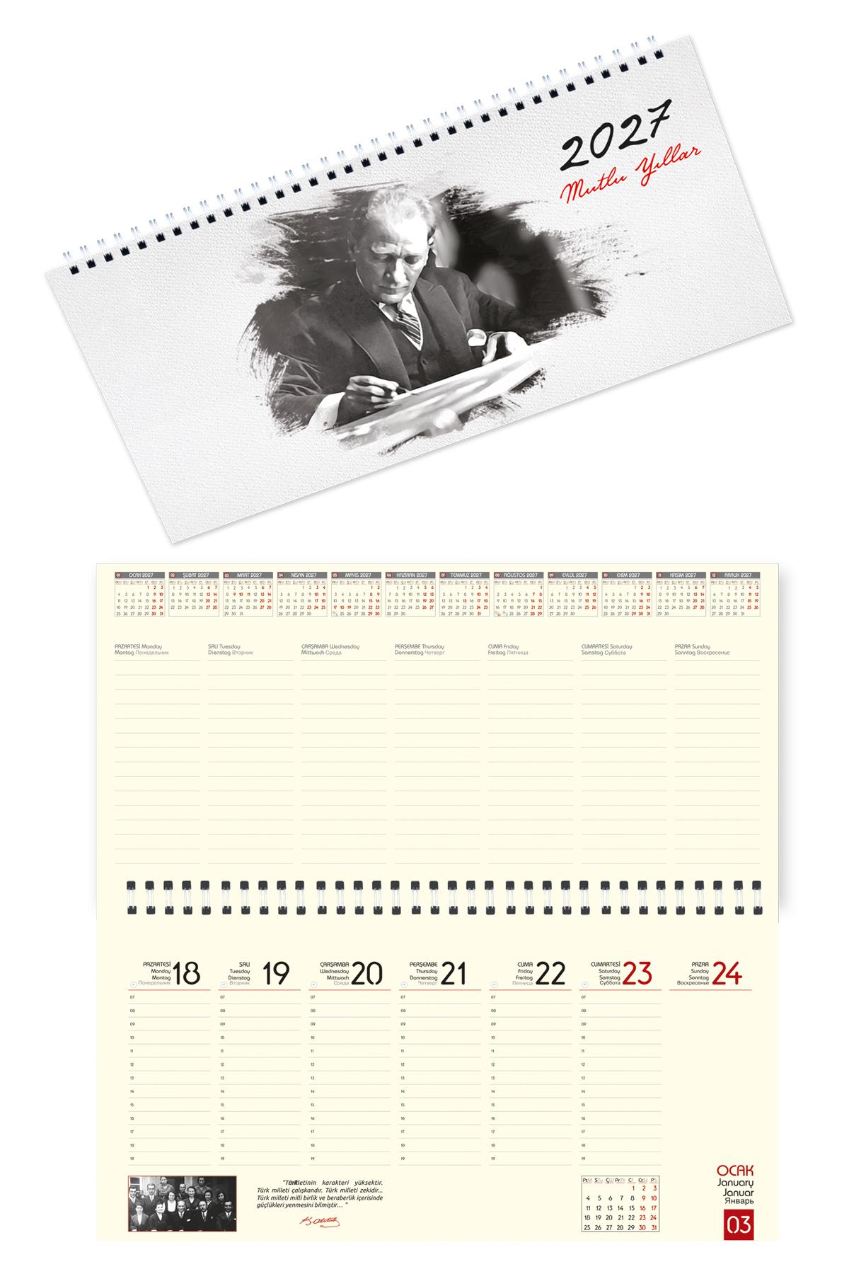 2027 Atatürk Sözler Haftalık Masa Takvimi Masa Sümeni Büyük Boy 33x16 cm